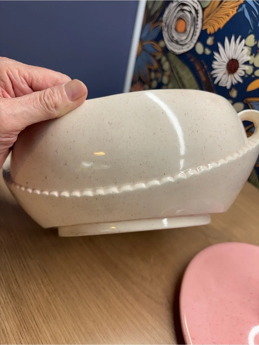 Vintage California Pottery MCM Casserole Dish Speckled White w Pink Lid